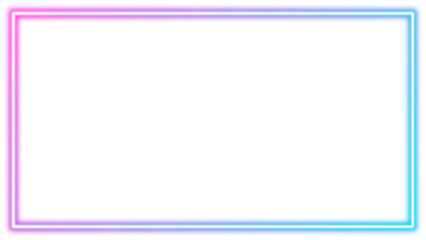 Blue and pink gradient rectangle neon frame, light sign box, outline border with space for text with 15x8scale ratio for web presentation, thumbnail, banner, 16x9 work project, png transparent.