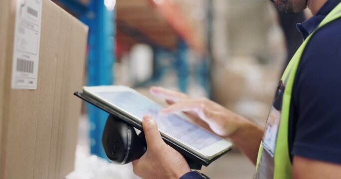 Man, hands and scanner with tablet on box for price checklist, logistics or inventory at storage warehouse. Closeup of engineer or inspector scanning barcode on package or technology for supply chain