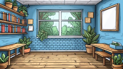 in the classroom in simple line drawings Use vector lines on a clean background.