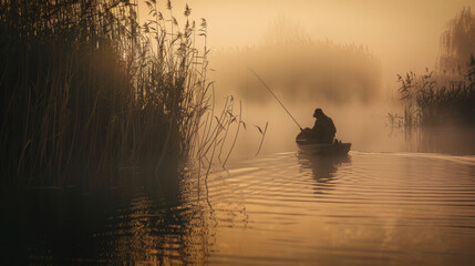 Golden sunrise silhouettes a solitary rower amidst the morning mist on calm waters.