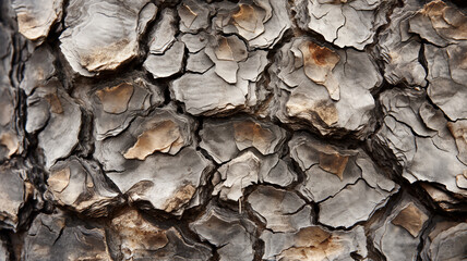 Close-up of textured tree bark with layered, flaky sections. The bark's earthy tones and intricate patterns highlight the natural beauty and ruggedness of the tree.