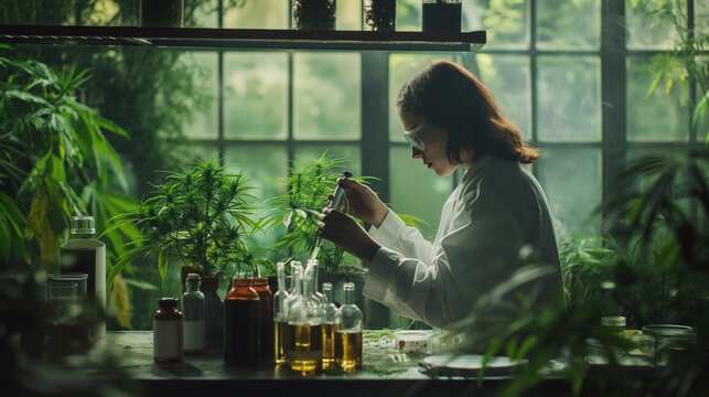 Female cannabis researchers are inspecting cannabis fields in cannabis farms, agriculture, business and researching cannabis oil extracts. The concept of herbal alternative medicine