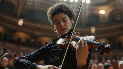 A violinist's soulful expression echoes the music's depth within an opulent hall.
