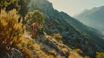 Cyclist conquering rugged mountain trails at sunrise, solitude meets endurance.
