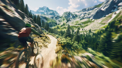 A dynamic journey, mountain biker immersed in a serene alpine landscape.