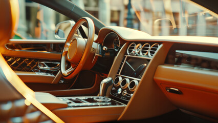 Luxurious interior of a high-end car with a sophisticated dashboard basked in golden light.