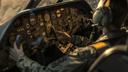 Pilot in uniform operating controls in the cockpit of an aircraft.