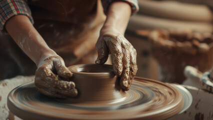 Close-up of hands skillfully forming pottery on a turning wheel.