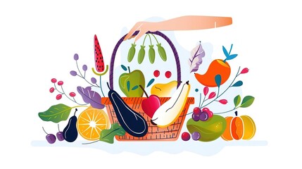 Naklejka premium A hand holding a basket full of fruits and vegetables