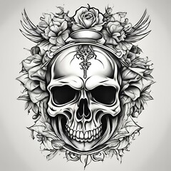 tattoo old school skull black and white, Generative AI