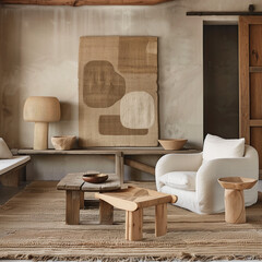 Cozy interior design with rustic wooden furniture and woven decor