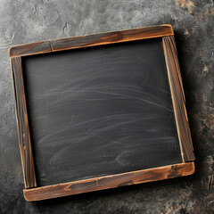 Blank chalkboard framed with rustic wood on dark textured background
