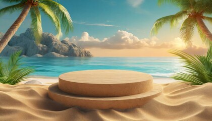 Obraz premium Beach podium summer background sand product 3D sea display platform