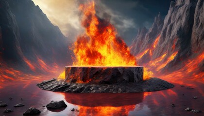 Fire lava podium rock product magma display 3d scene stone floor. Platform lava podium