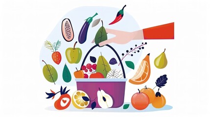 A hand picking a pear from a basket full of fruits and vegetables. The basket is overflowing with colorful and healthy produce.