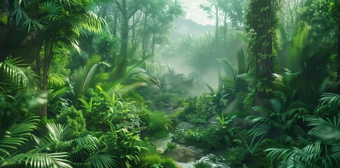 A lush green rainforest with towering trees, dense foliage, and a small stream running through the center of the frame