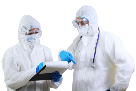 Medical team in personal protective Equipment or PPE clothing researching and discussing for patients infected with the covid 19 virus and treatment in emergency and Laboratory at hospital