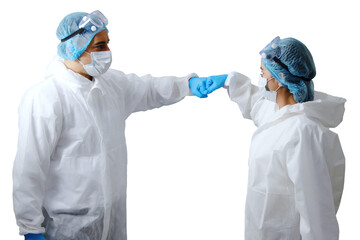 Medical team in personal protective equipment or PPE clothing is touching the hands to encourage together and healing for patient infected with the Covid19 virus in hospital 
