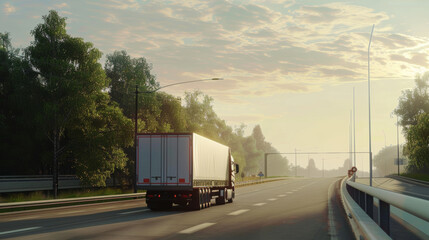 Early morning sun softens the sky, as a white truck drives along a peaceful highway.