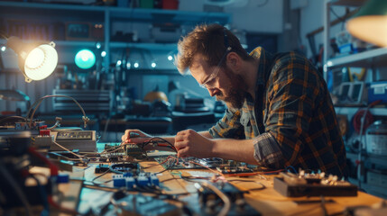 An engineer deeply focused, soldering components on a circuit board in his electronics workshop.