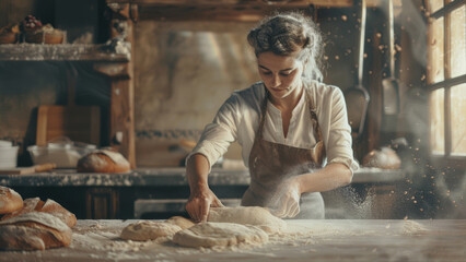 Serene baker deeply engrossed in the art of bread making.