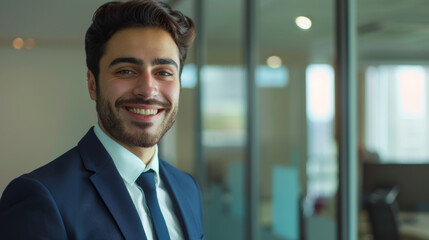 Fototapeta premium Charismatic young executive with a pleasant smile in a sunlit corporate office.