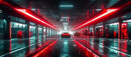 Red Sports Car in Neon-Lit Tunnel