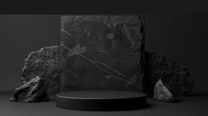 Black podium stone background rock product display 3d dark stand platform abstract stage scene studio. Stone wall black space podium mockup pedestal geometric marble showcase minimal presentation