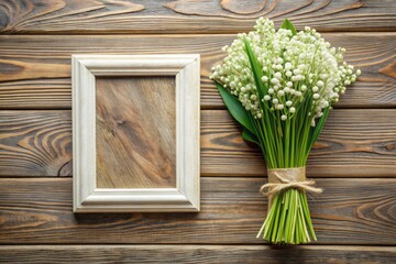 Wooden frame and lily of the valley bouquet on rustic background