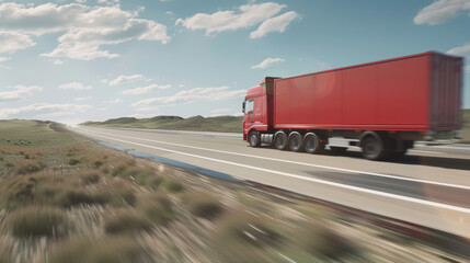 A red semi-truck in motion on a vast highway, embodying the spirit of long-haul trucking.