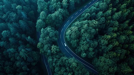 Aerial view of a curved road through a green forest shown in a top down aerial drone photo with cars driving on the asphalt road