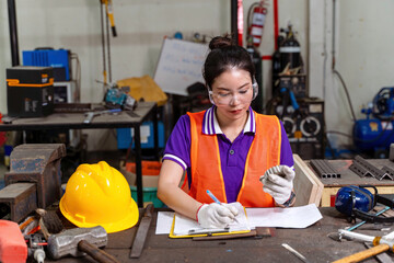 Asian woman technician engineer working designing and drawings mechanical parts engineering with...