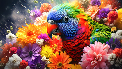 Illustration of a painted rainbow lorikeet bird surrounded by colorful flowers