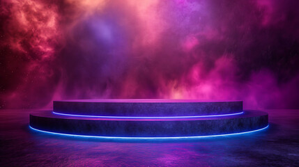 3D illustration representing a blank product stand with neon lights on a dark background, neon glow of a stage room, stage Free neon effect backgrounds colorful wallpapers