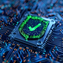 Close-up of a secure microchip with a checkmark symbol on a motherboard, representing cybersecurity and data protection technology.