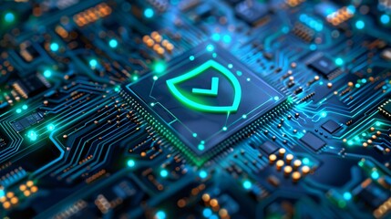 Obraz premium Close-up of a secure microchip with a glowing shield icon on a circuit board, representing cybersecurity and data protection.