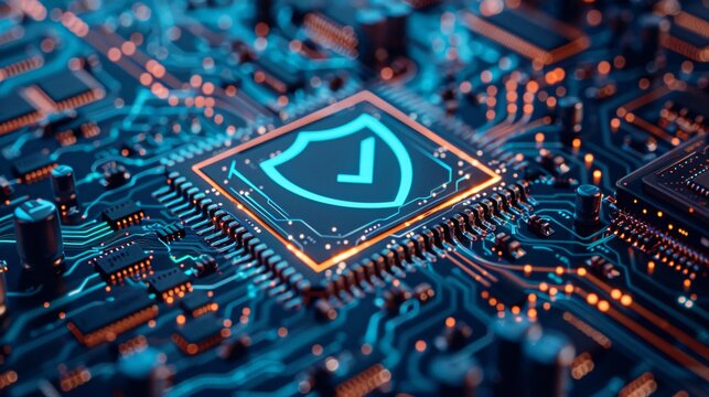 Close-up of cyber security chip on a motherboard with glowing blue circuits, representing technology and secure data processing.