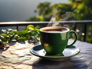 Hot coffee in a dark green color cup with some smoke , Placed on a dark stone desk a backlit image has shadows falling on the tabletop , nature in background