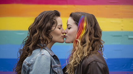 Two women sharing a passionate kiss with a rainbow flag backdrop, capturing the essence of LGBTQIA+ affection and unity