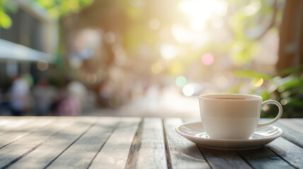 Hot coffee on an old wooden table with sunlight filtering through the trees and a blurred community background.
