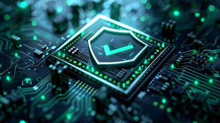 Fototapeta premium Futuristic cybersecurity concept with a glowing shield icon on a microchip, representing data protection and secure technology.