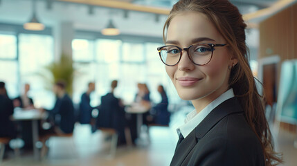 Smiling young woman in a business suit and glasses against the background of a meeting in the office