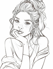 Coloring book page featuring a pretty boho girl in comic style, drawn with all black lines against an all-white background. The design includes flowers and exudes a calm and simple aesthetic.
