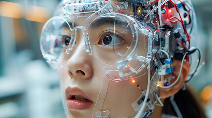 Fototapeta premium Asian woman using brain-computer interface (BCI) technology for controlling devices