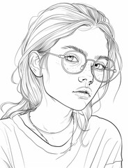 Fototapeta premium Coloring book page featuring a pretty boho girl in comic style, drawn with all black lines against an all-white background. The design includes flowers and exudes a calm and simple aesthetic. 