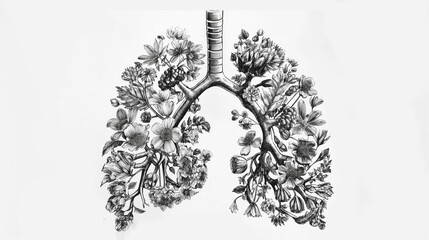 Anatomical lungs made of black and white flowers on white background