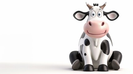 Illustration of a sitting happy cow 3D cartoon style.