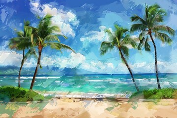 beach hawaii tropical paradise palm trees ocean sand vacation travel scenic view digital painting landscape 