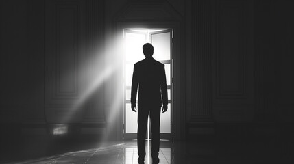 A businessman stands in front of an open door from which fire emanates. Business ideas and challenges A repository of success and gratitude