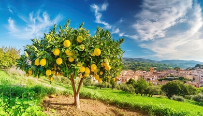 Zitronenbaum mit reifen Früchten in einer mediteranen Landschaft
